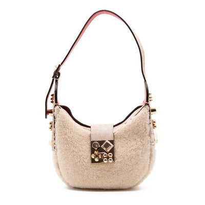 NEW Christian Louboutin Carasky Mini Studded White Shearling Wool Shoulder Bag