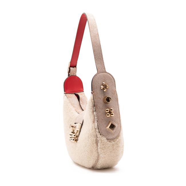 NEW Christian Louboutin Carasky Mini Studded White Shearling Wool Shoulder Bag
