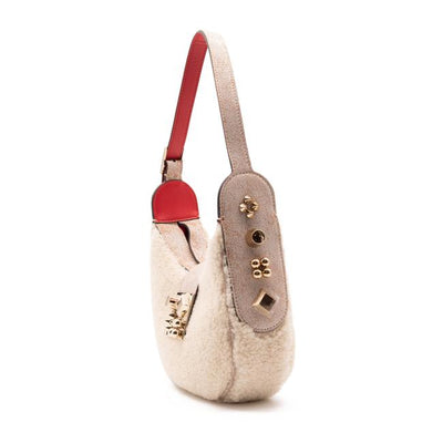 NEW Christian Louboutin Carasky Mini Studded White Shearling Wool Shoulder Bag