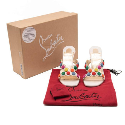 Christian Louboutin White White/Multicolor Smarta 85 Strappy Pom Pom Dots Mule Heels Sandals Pumps