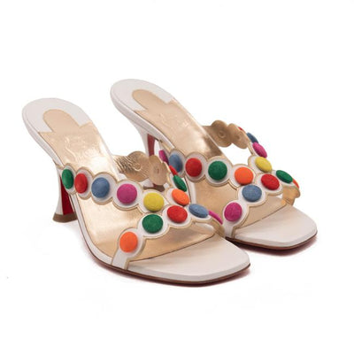 Christian Louboutin White White/Multicolor Smarta 85 Strappy Pom Pom Dots Mule Heels Sandals Pumps