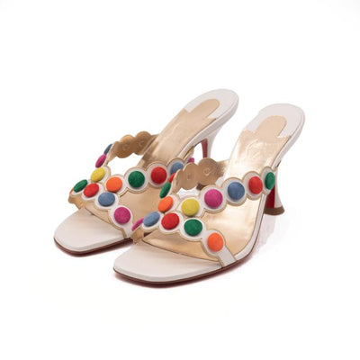 Christian Louboutin White White/Multicolor Smarta 85 Strappy Pom Pom Dots Mule Heels Sandals Pumps