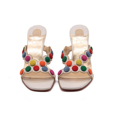 Christian Louboutin White White/Multicolor Smarta 85 Strappy Pom Pom Dots Mule Heels Sandals Pumps