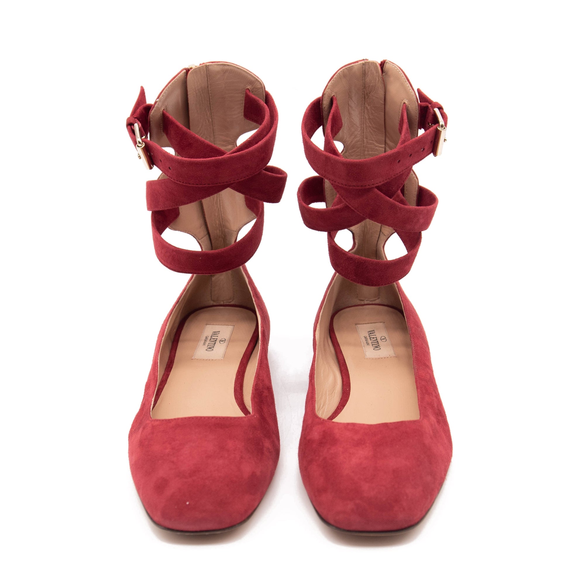 Valentino Red Suede Ankle Wrap Ballet Rubino Flats US 8.5