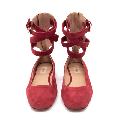 Valentino Red Suede Ankle Wrap Ballet Rubino Flats US 8.5