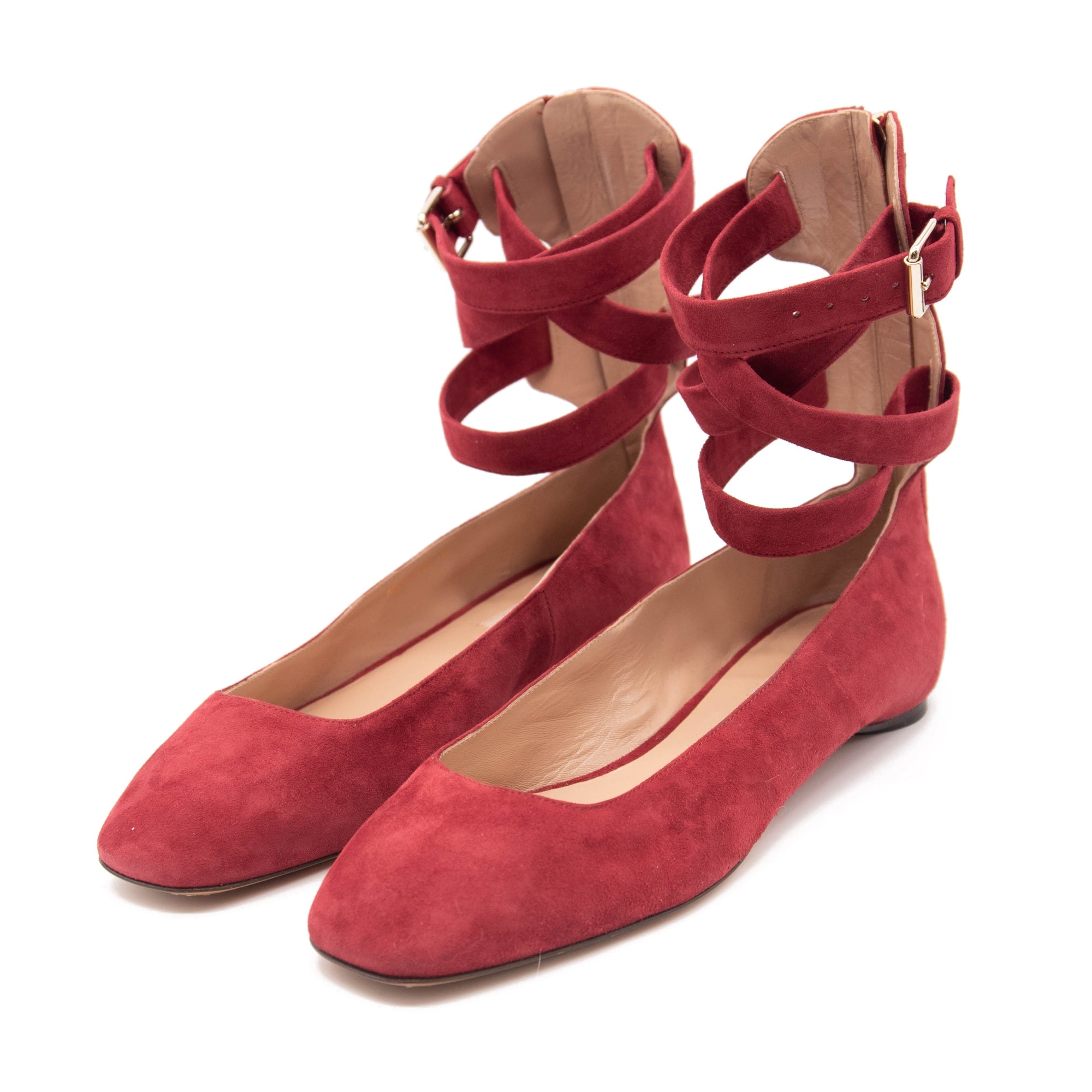 Valentino Red Suede Ankle Wrap Ballet Rubino Flats US 8.5