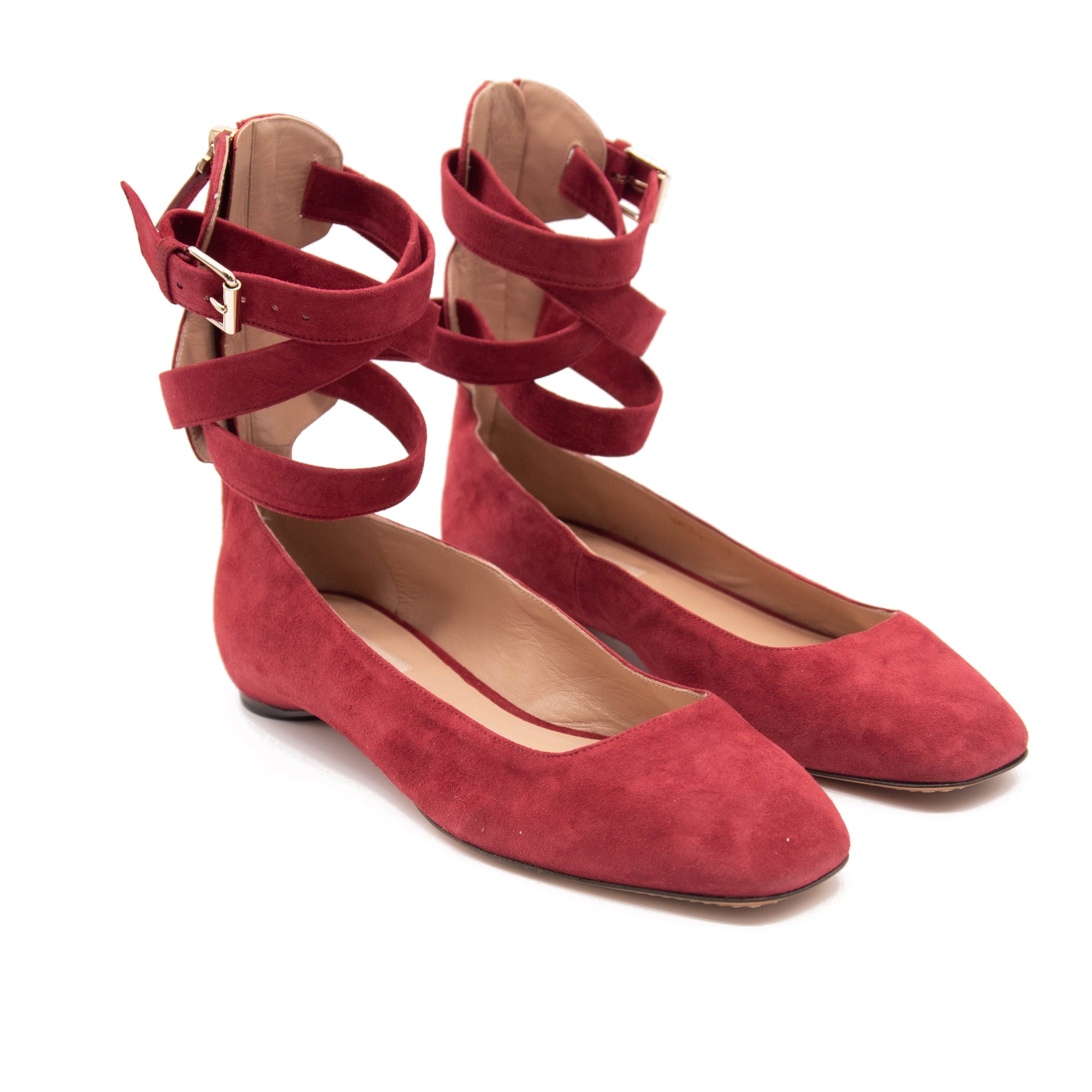 Valentino Red Suede Ankle Wrap Ballet Rubino Flats US 8.5