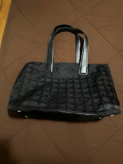 $1250 CHANEL Travel Line Nylon Jacquard CC MM Tote Bag Black CONSIGNMENT 10021356