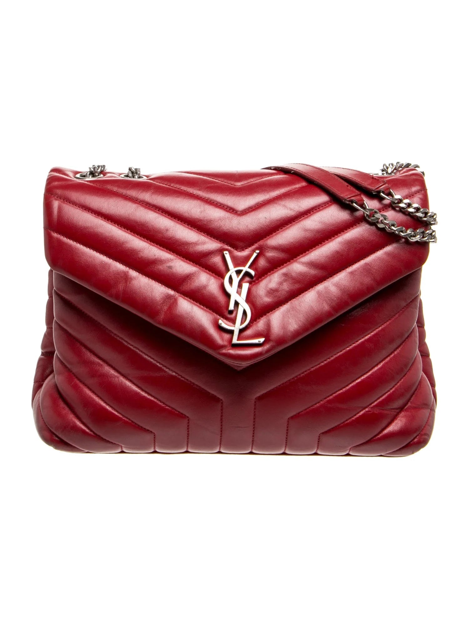 $3250 Saint Laurent Calfskin Y Quilted Monogram Medium Loulou Chain Satchel Red