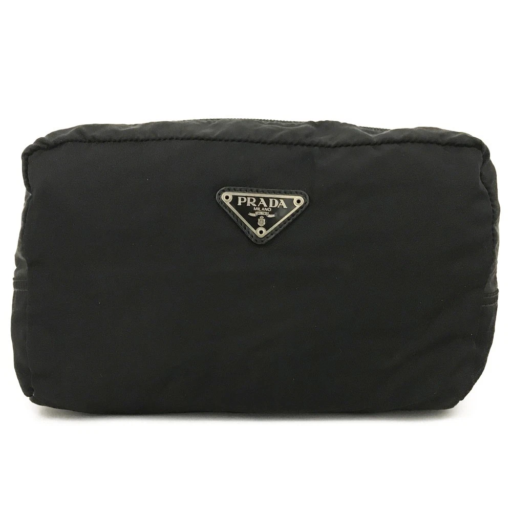 $650 PRADA Logo Plate Nylon Cosmetic Pouch Bag Black