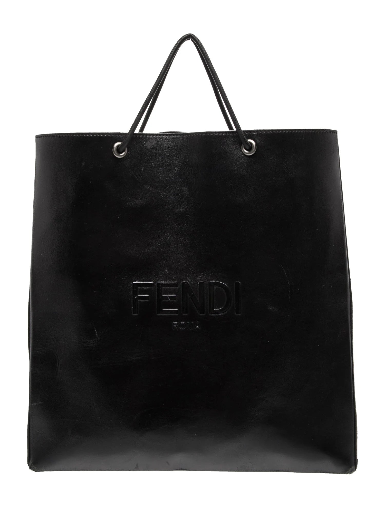 $2750 2021 FENDI Roma Embossed Logo Leather Tote Bag Black Flat Shopping Bag 10020167