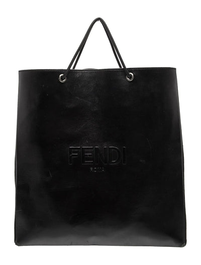 $2750 2021 FENDI Roma Embossed Logo Leather Tote Bag Black Flat Shopping Bag 10020167