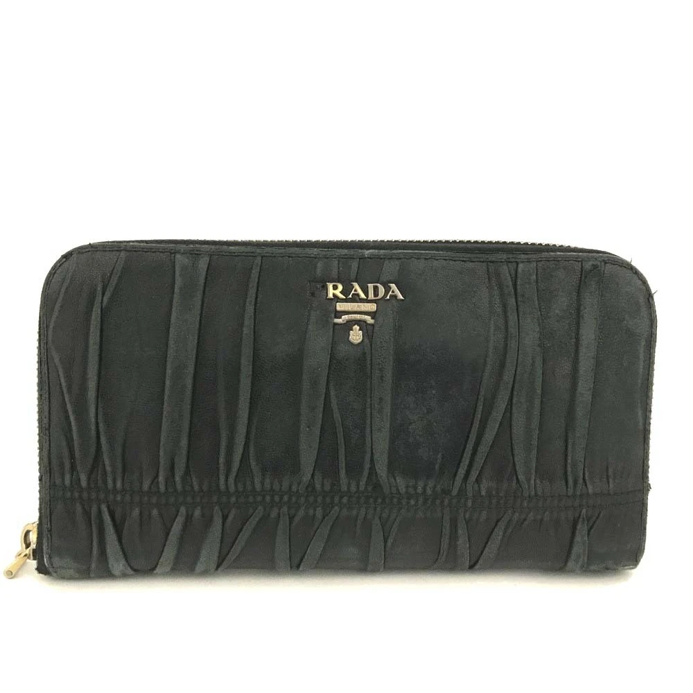 PRADA Logo Gather Leather Zip Around Long Wallet Black