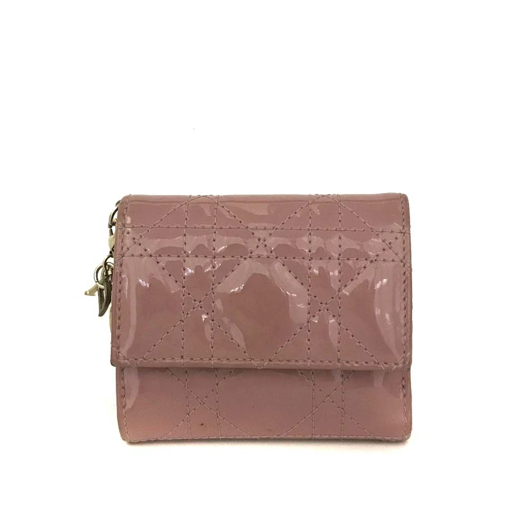 $710 Christian Dior Cannage Patent Leather Trifold Wallet Pink