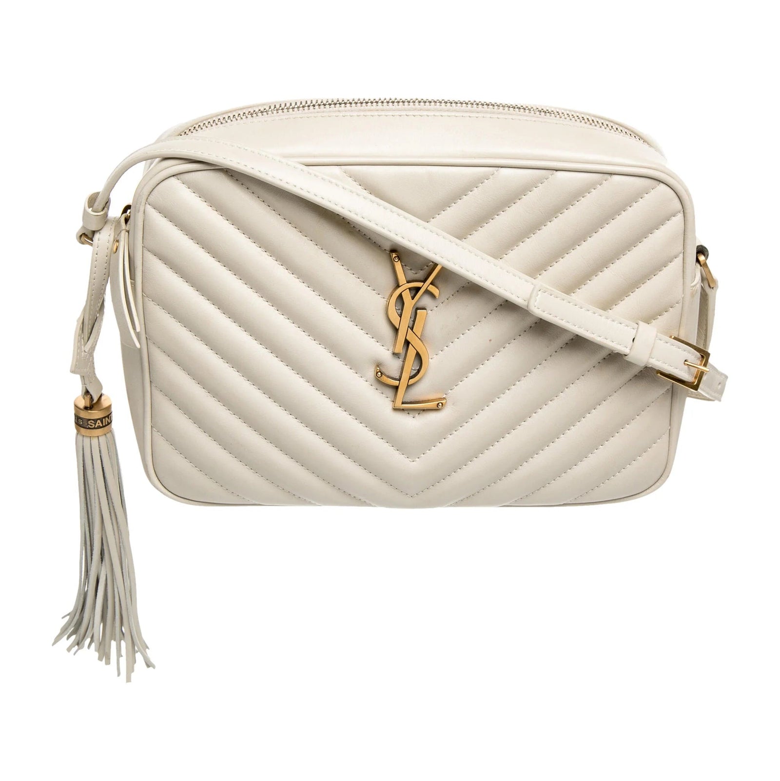 $1950 Saint Laurent Calfskin Matelasse Monogram Lou Camera Bag Crema Soft