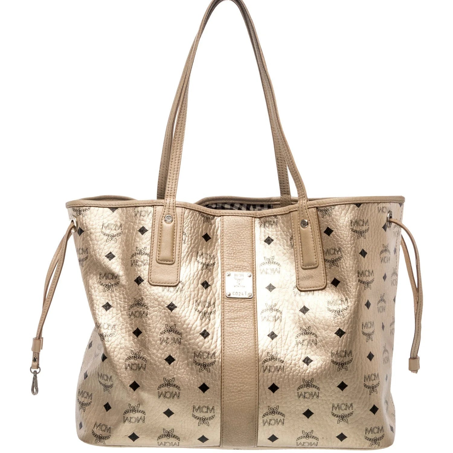 $950 MCM Metallic Visetos Medium Liz Reversible Shopper Tote Gold
