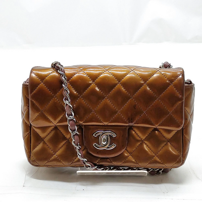 $5200 2013 Chanel Patent Calfskin Quilted Mini Rectangular Flap Bronze Metallic