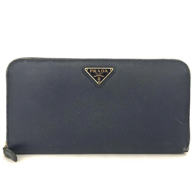 $1070 PRADA Logo Plate Saffiano Leather Zip Around Long Wallet Blue