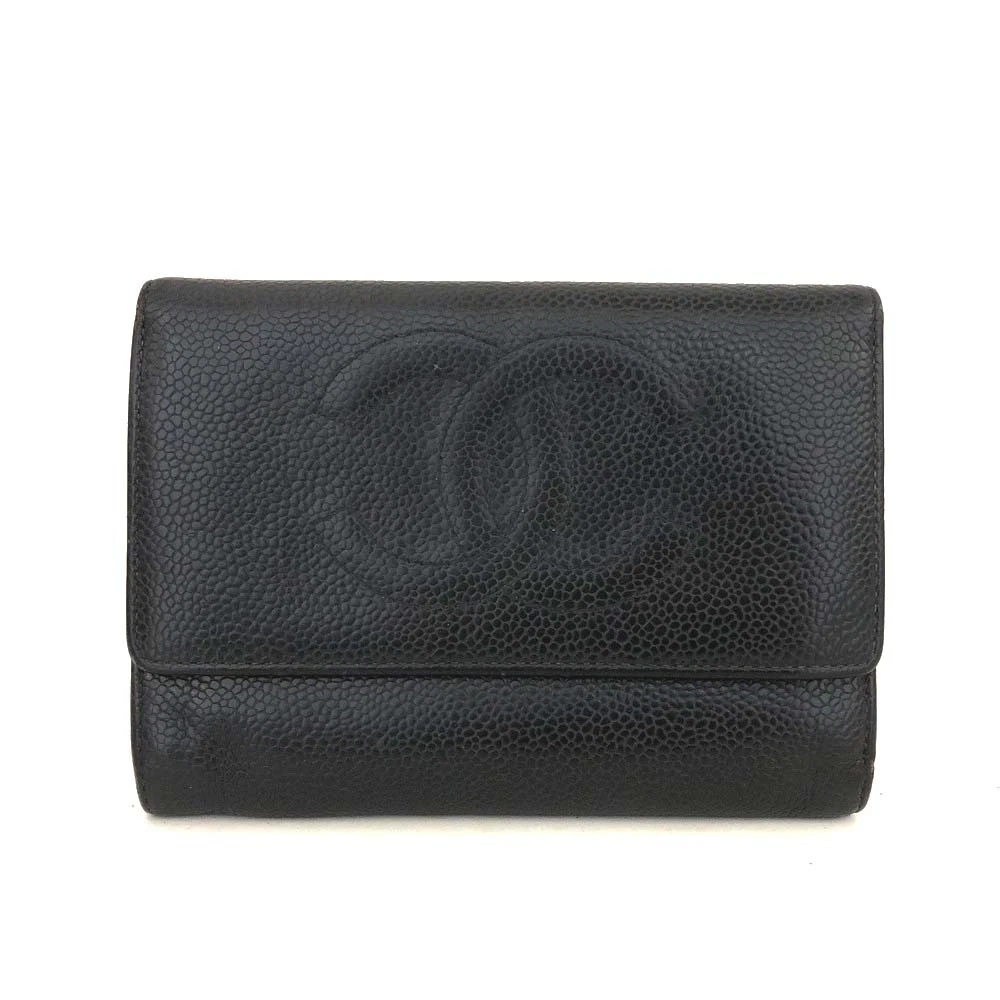 $925 CHANEL CC Logo Grained Calfskin Trifold Wallet Black 6117536