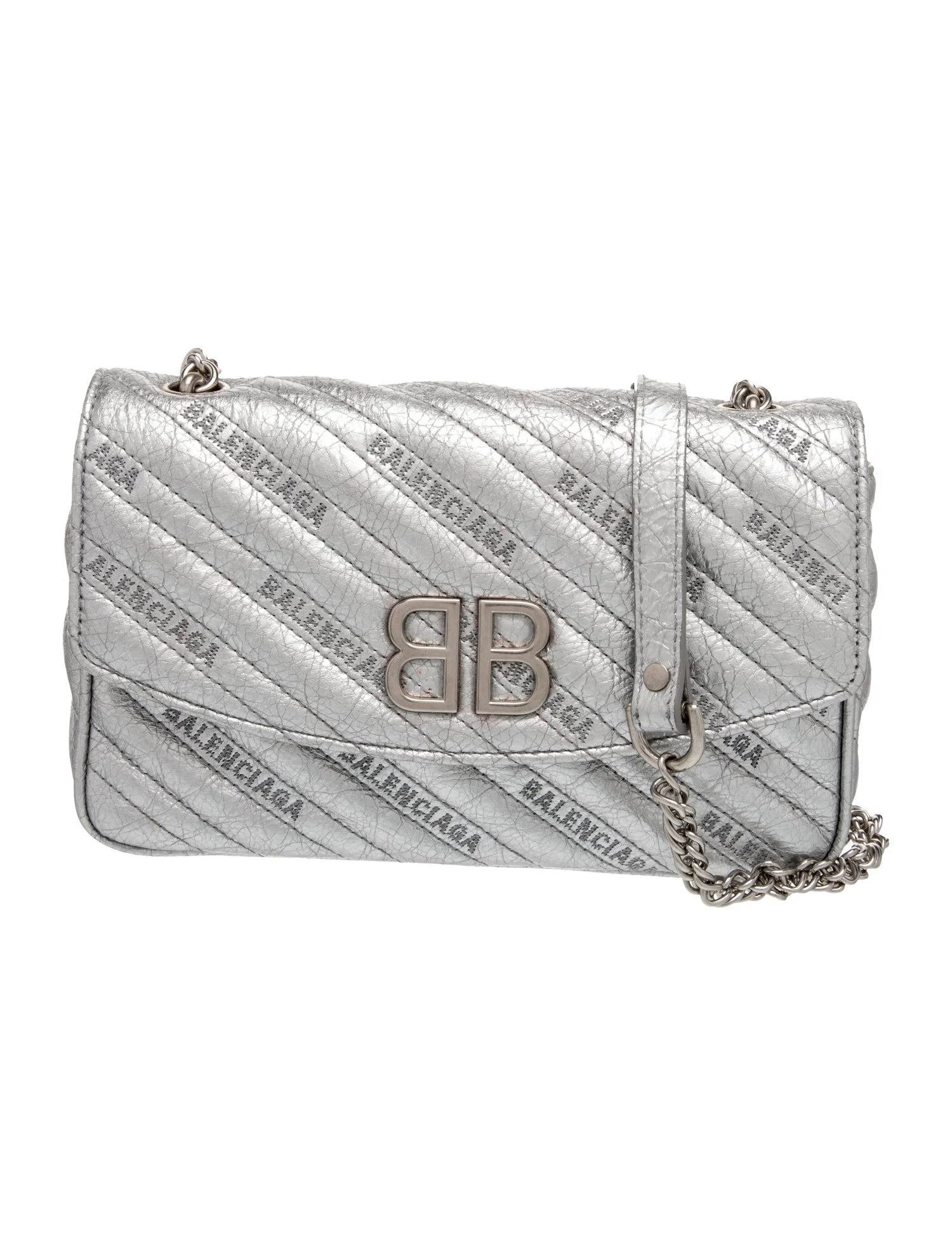 $2250 2018 Balenciaga Metallic Arena Calfskin Logo Matelasse S BB Round Shoulder Bag Argent