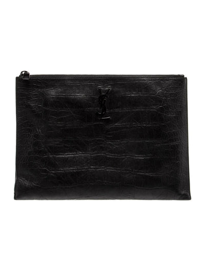 $990 Saint Laurent Croc Monogram Embossed Zip Clutch Black 2018