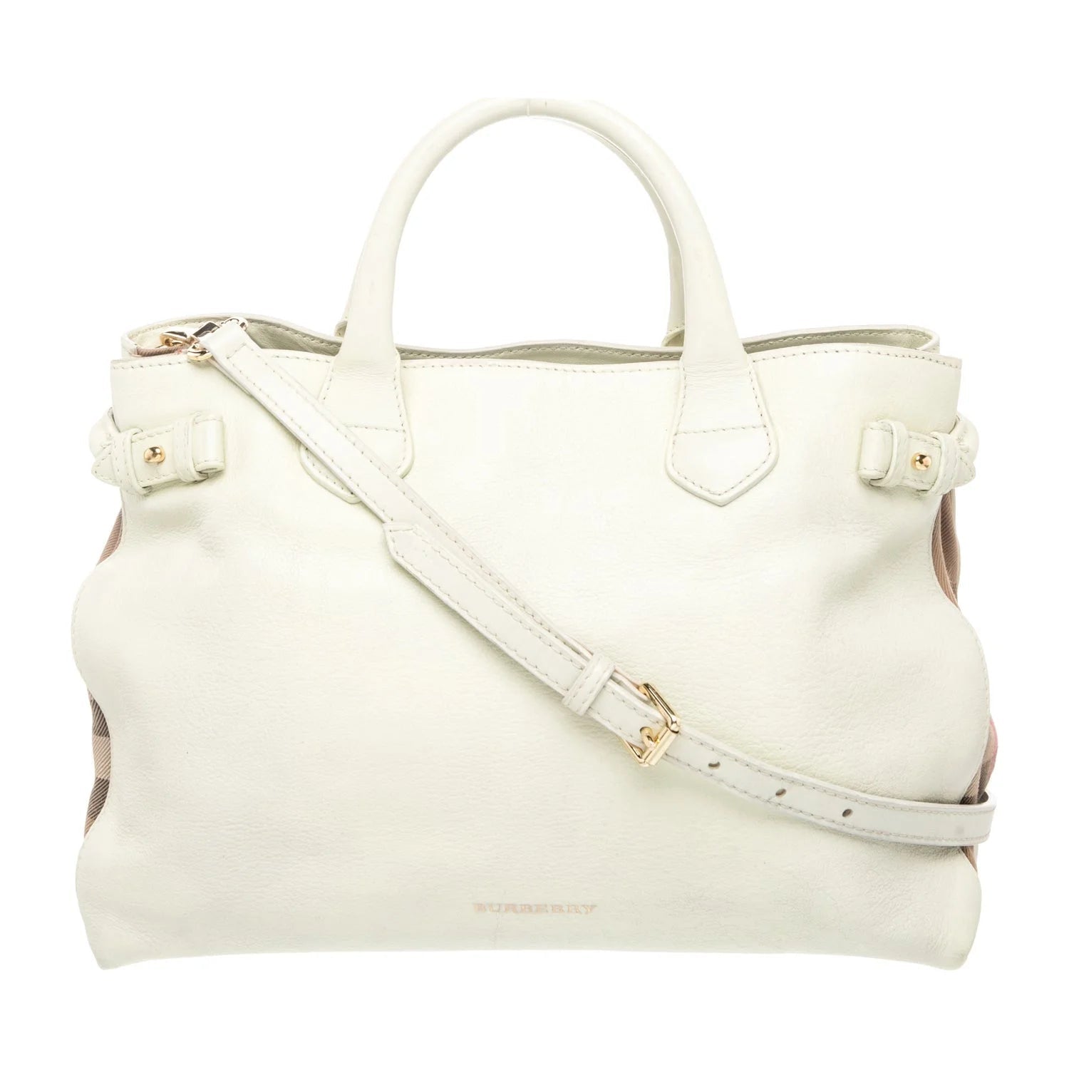 $1795 Burberry Derby Calfskin House Check Medium Banner Tote