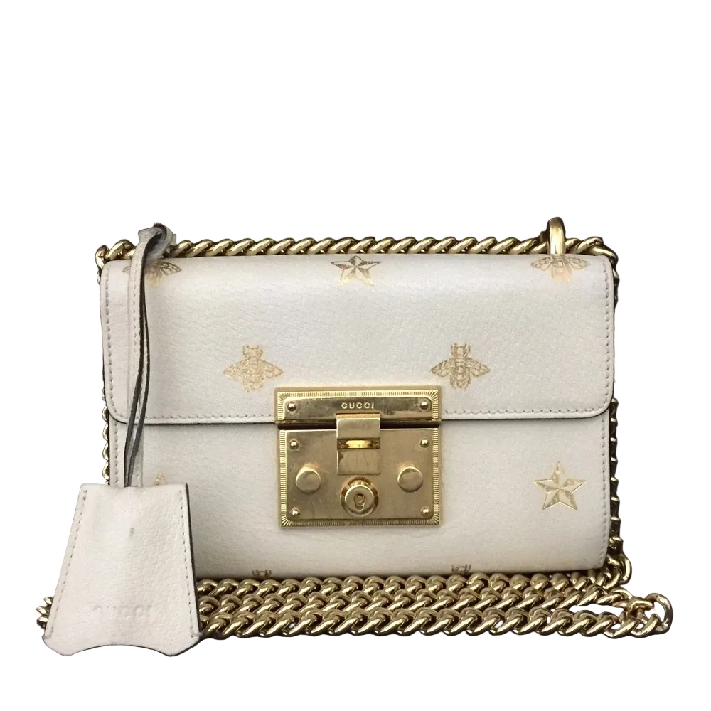 $1980 Gucci Grained Calfskin Bee Star Small Padlock Shoulder Bag White