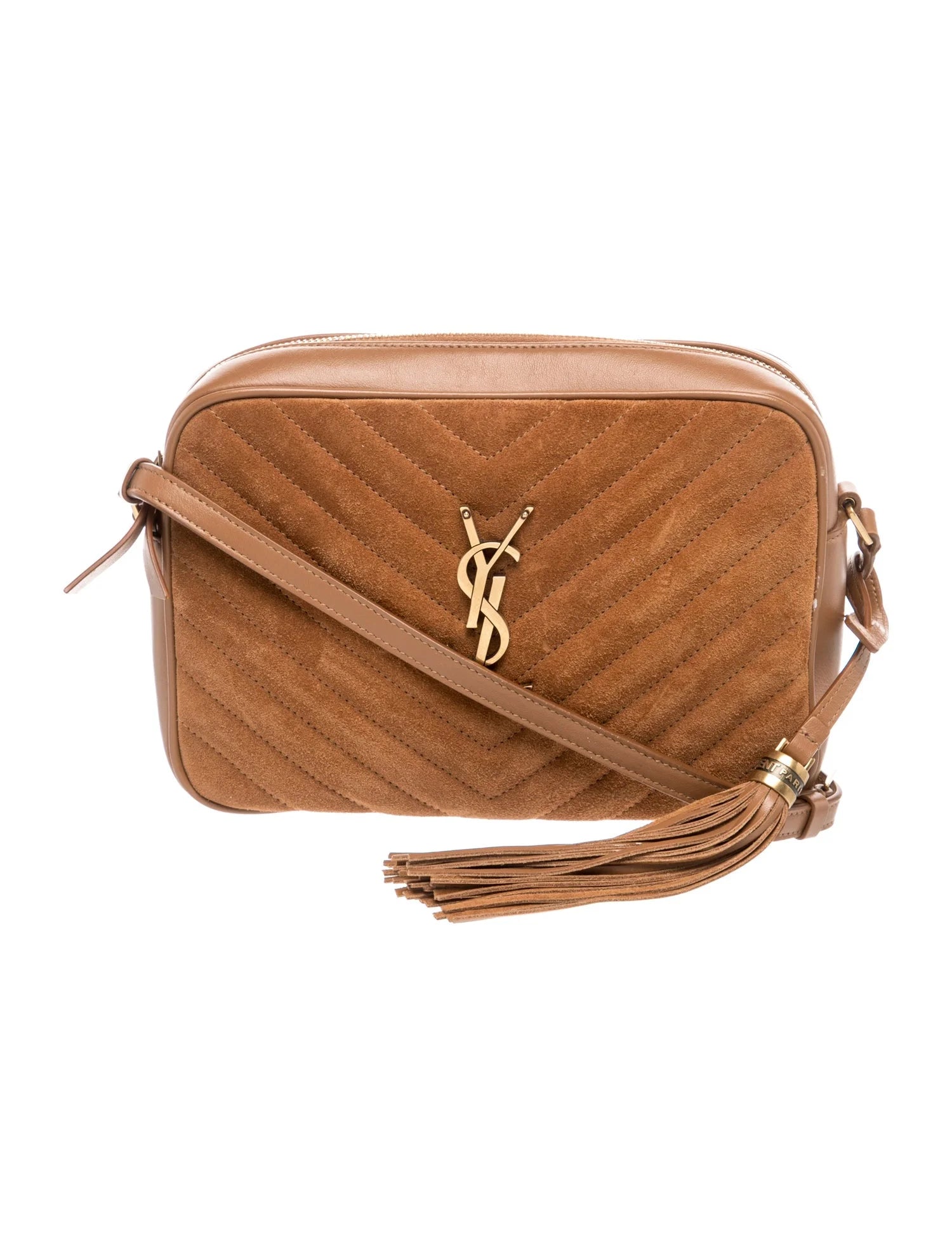$1690 Saint Laurent Suede Matelasse Monogram Lou Camera Bag Cinnamon