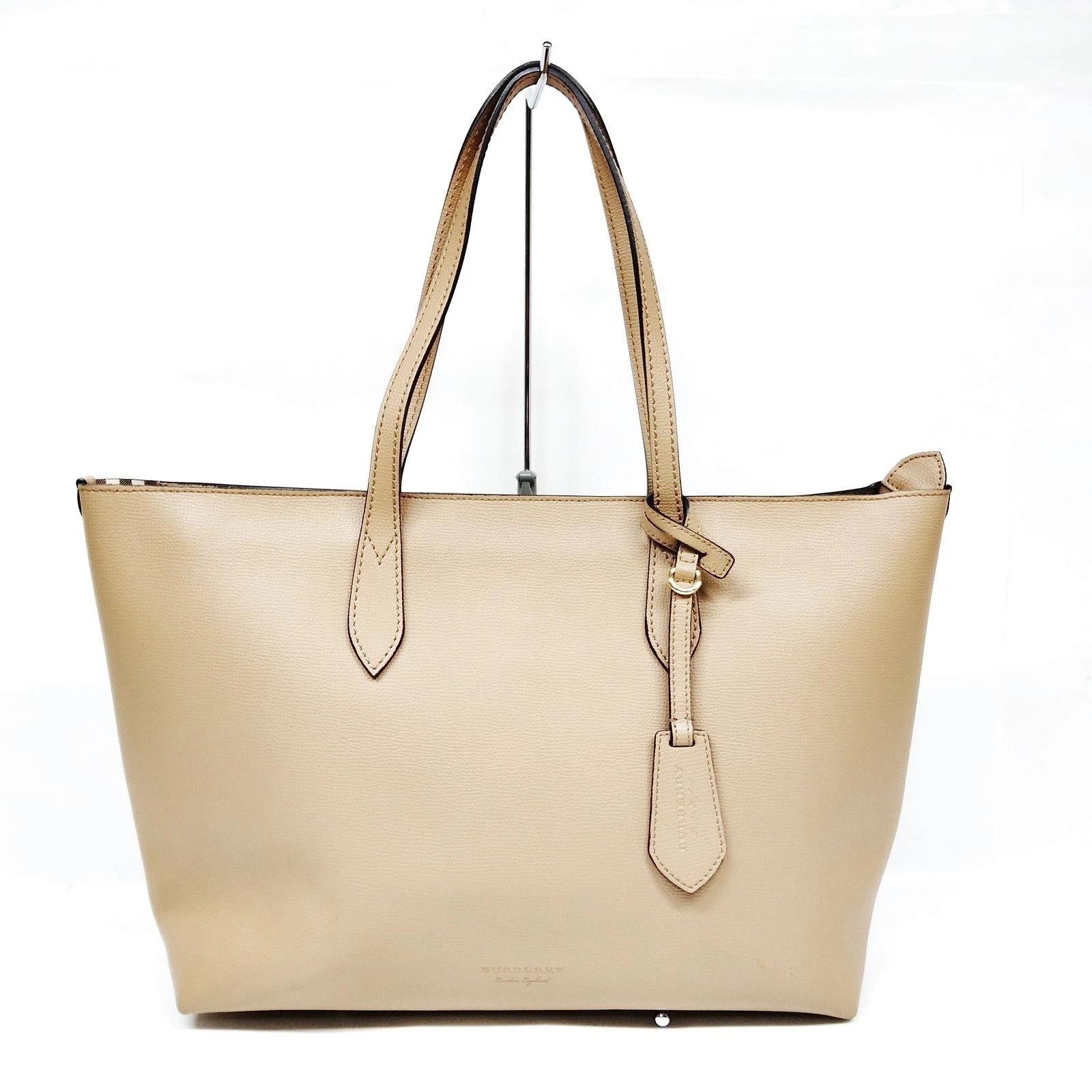 $1790 Burberry Grainy Calfskin Haymarket Check Medium Tote Mid Camel