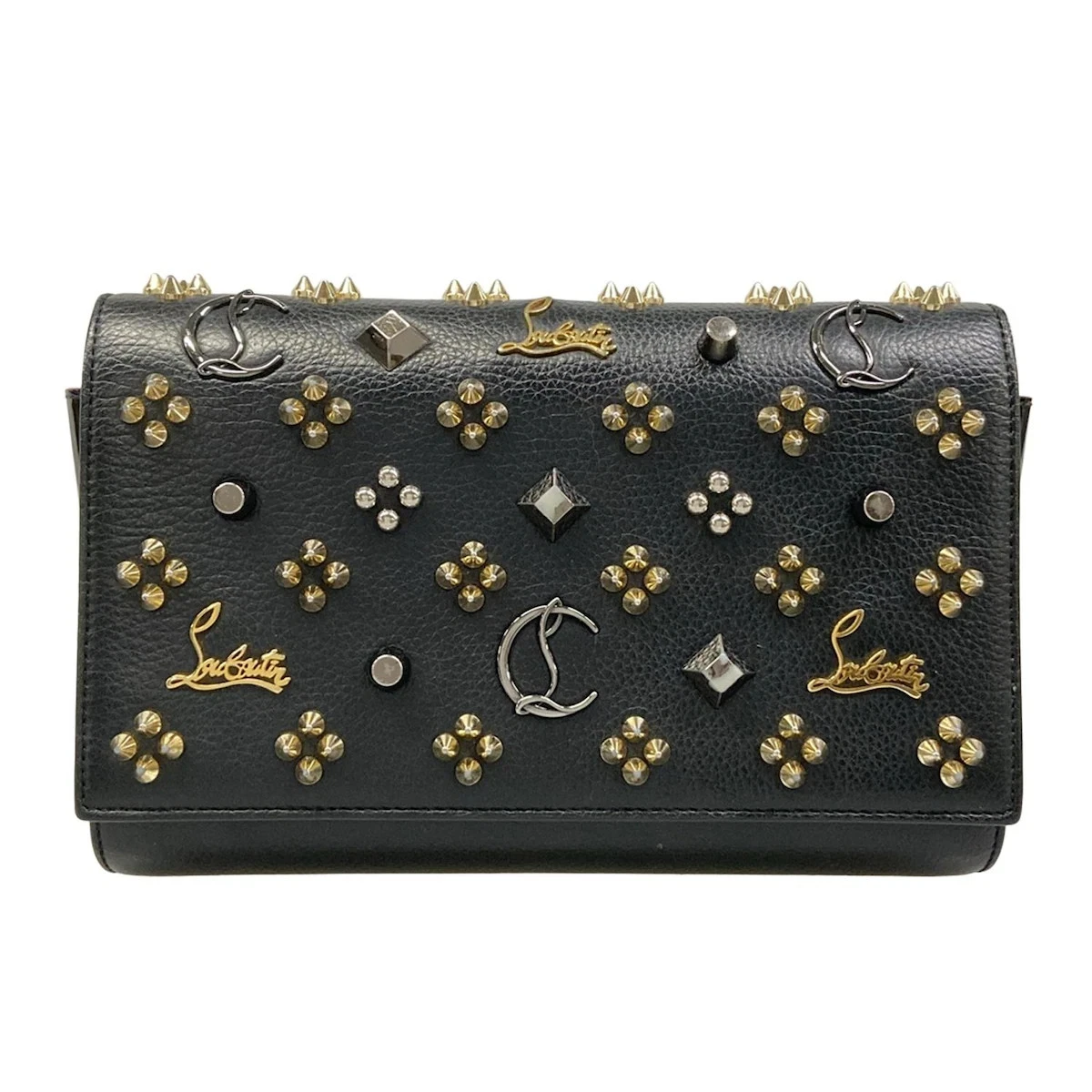 $1450 Christian Louboutin Grained Calfskin Spikes Loubinthesky Paloma Wallet On Chain Black Multimetal