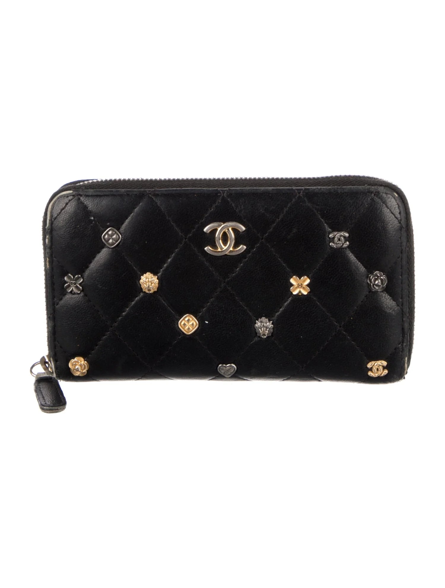 $1150 2018 Chanel 18K Lucky Charms Zip Around Long Wallet Black