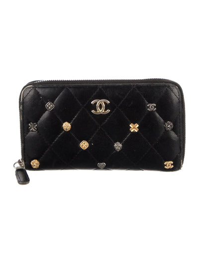 $1150 2018 Chanel 18K Lucky Charms Zip Around Long Wallet Black