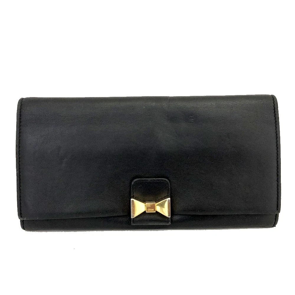 $690 Chloe Ribbon Leather Long Bifold Wallet Purse Black