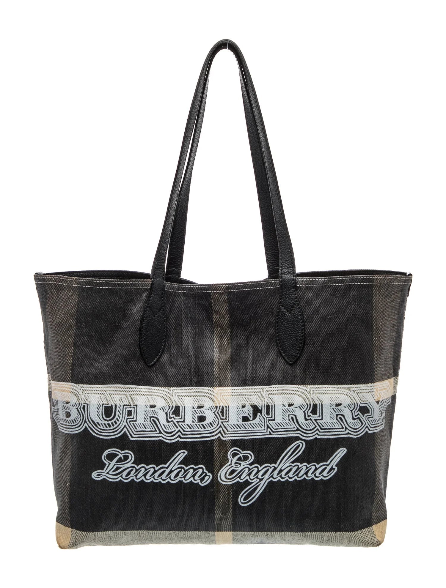 $900 Burberry Coated Canvas Mega Check Medium Doodle Tote Black White