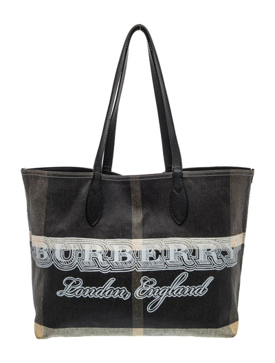 $900 Burberry Coated Canvas Mega Check Medium Doodle Tote Black White