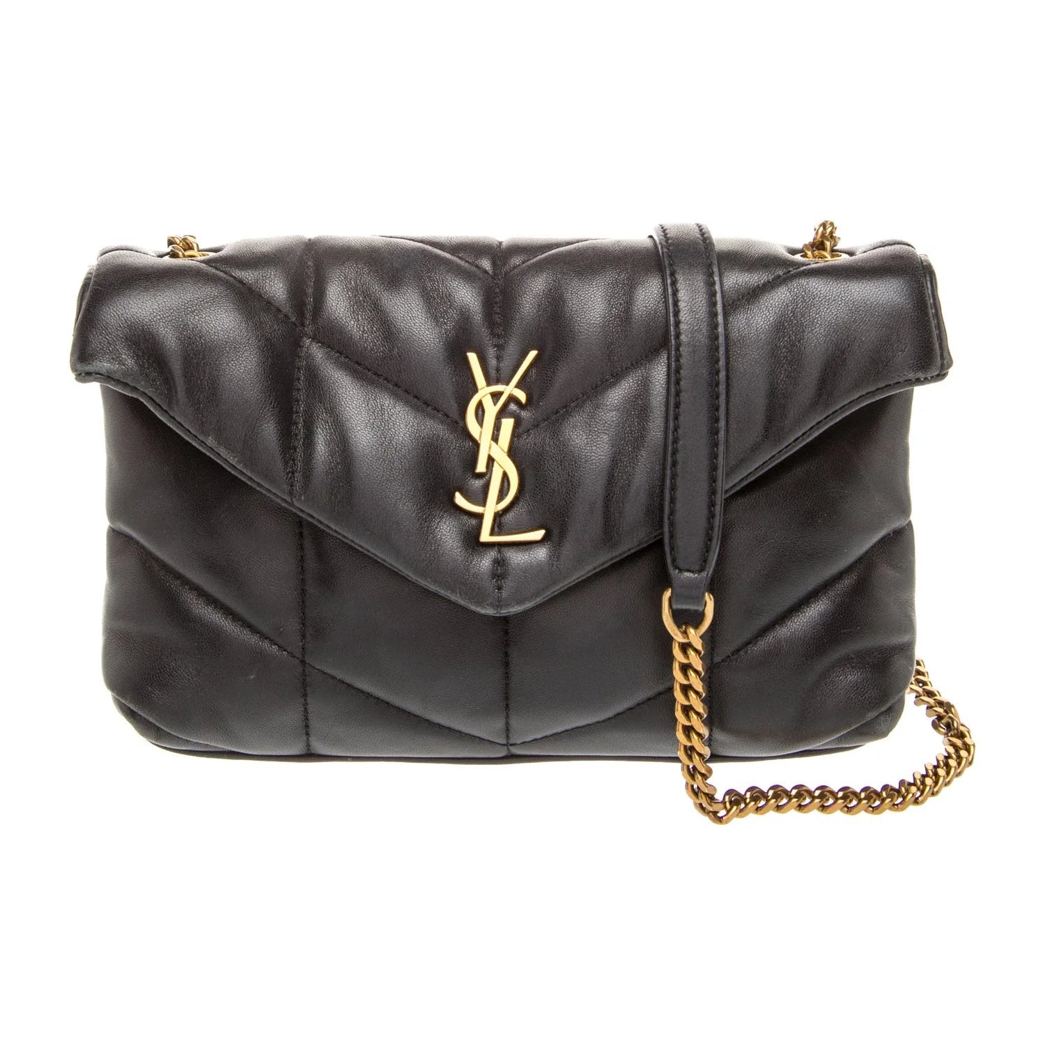 $2490 2022 Saint Laurent Lambskin Quilted Toy Loulou Puffer Monogram Chain Satchel Black