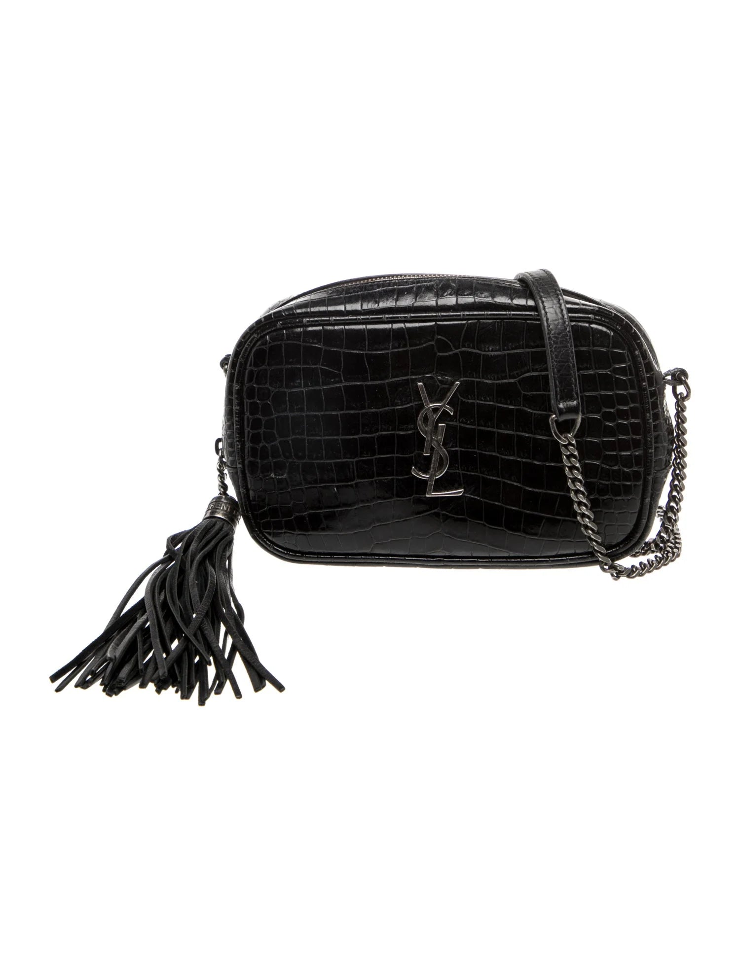 $1800 2019 Saint Laurent Calfskin Crocodile Embossed Monogram Mini Lou Camera Bag Black