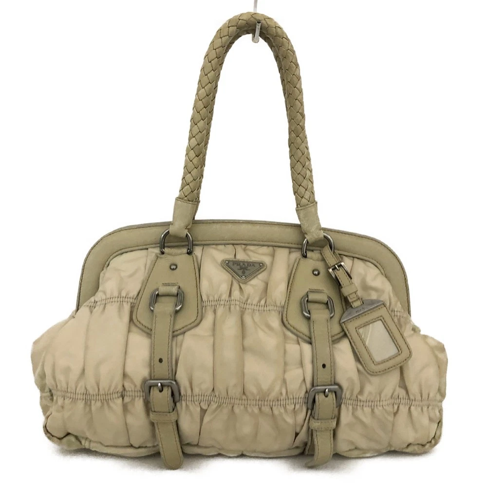 $800 PRADA Logo Plate Nylon Hand Bag Ivory