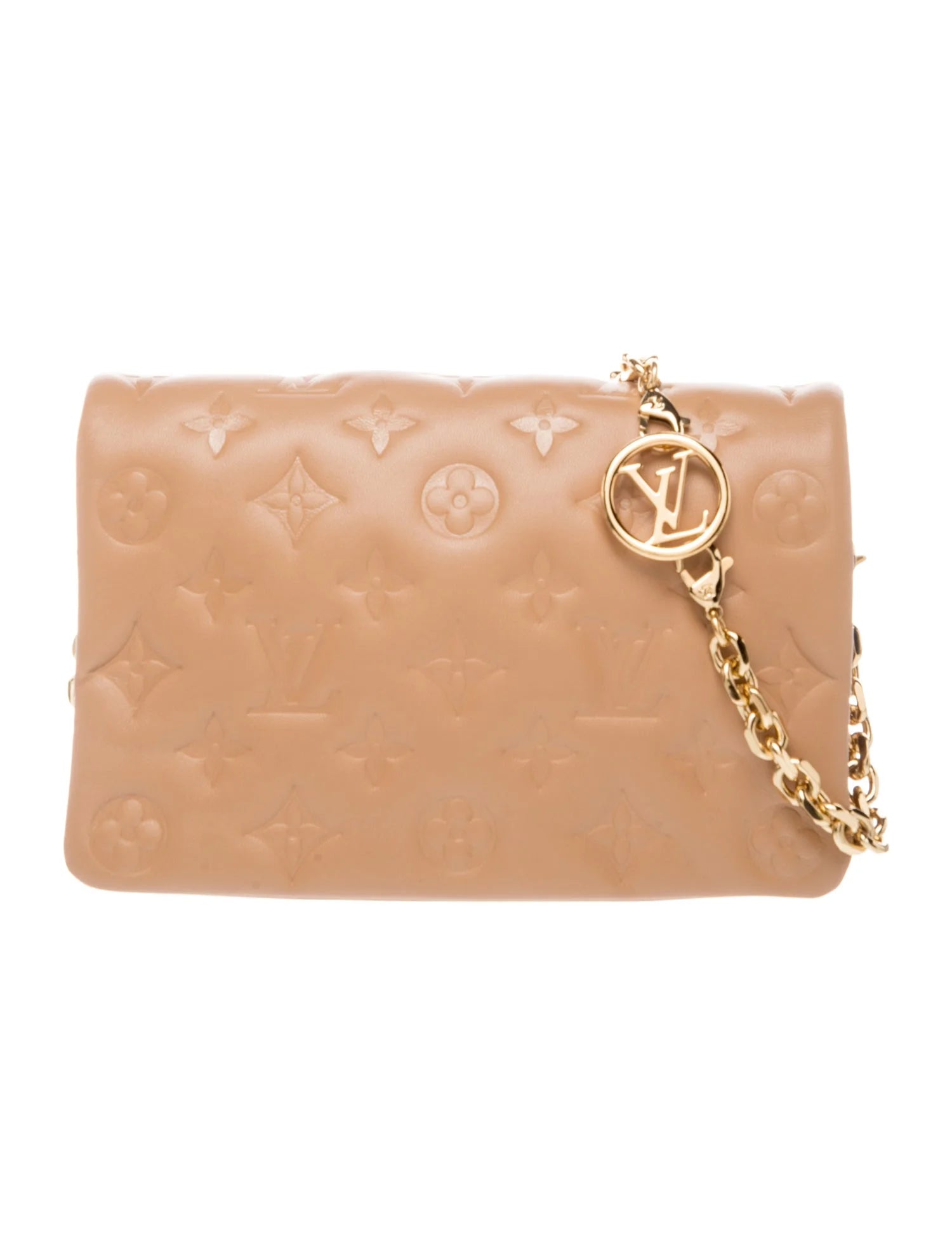 $3150 Louis Vuitton Lambskin Embossed Monogram Pochette Coussin Camel