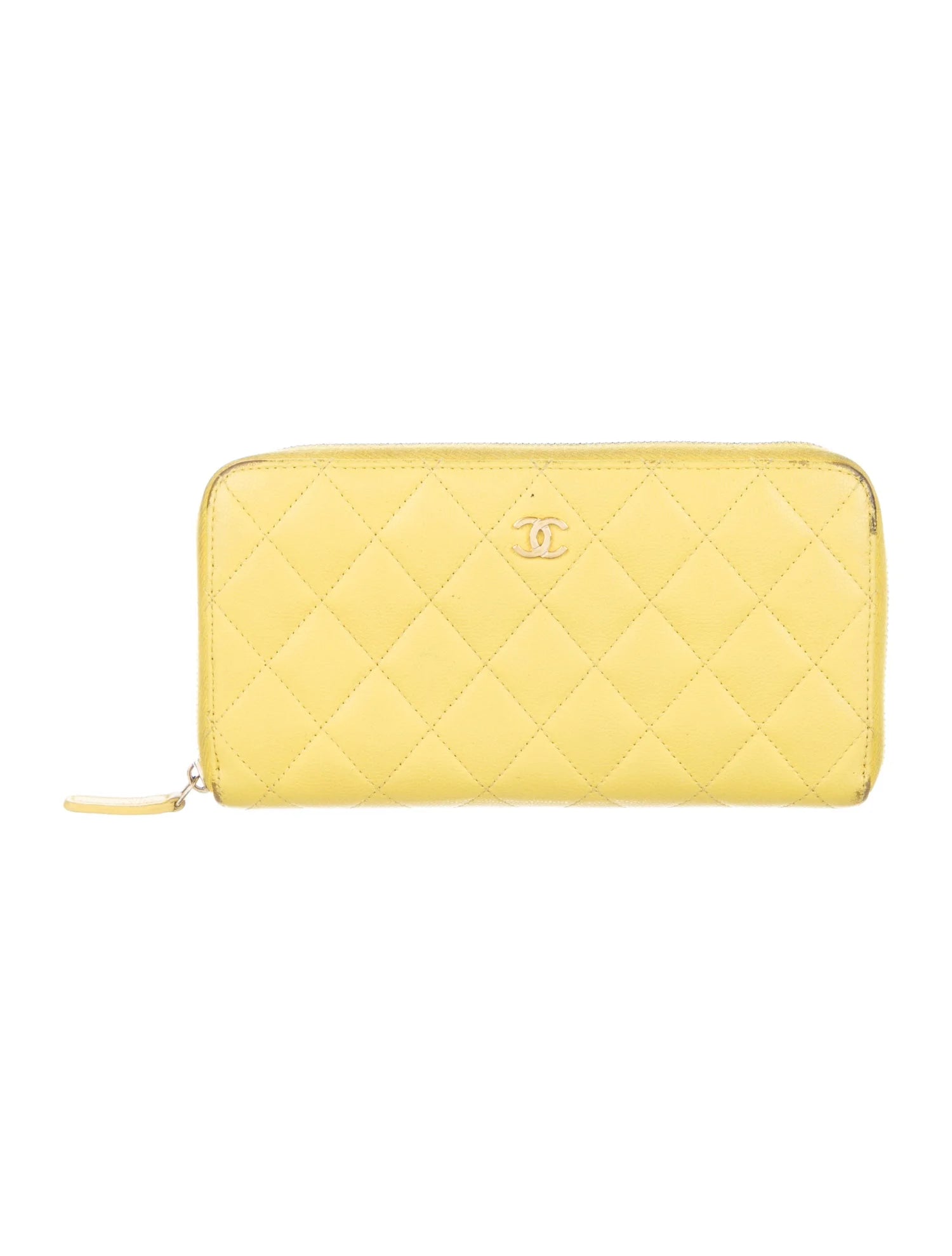 $1375 Chanel Yellow Quilted Caviar Leather Long Zip-Around Wallet 10021118
