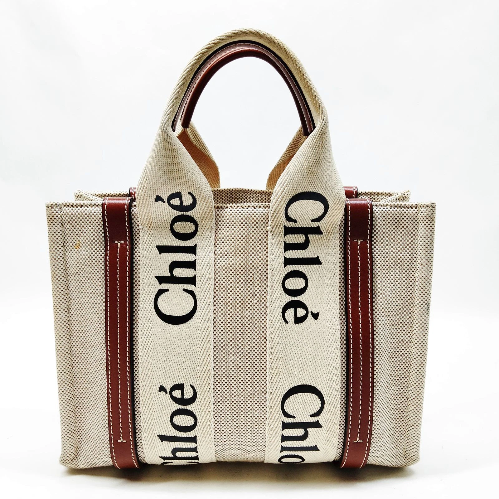 $1250 Chloe Canvas Small Woody Tote Bag Beige