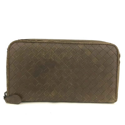 $1100 Bottega Veneta Nappa Intrecciato Zip Around Wallet Ebano Brown 10019331