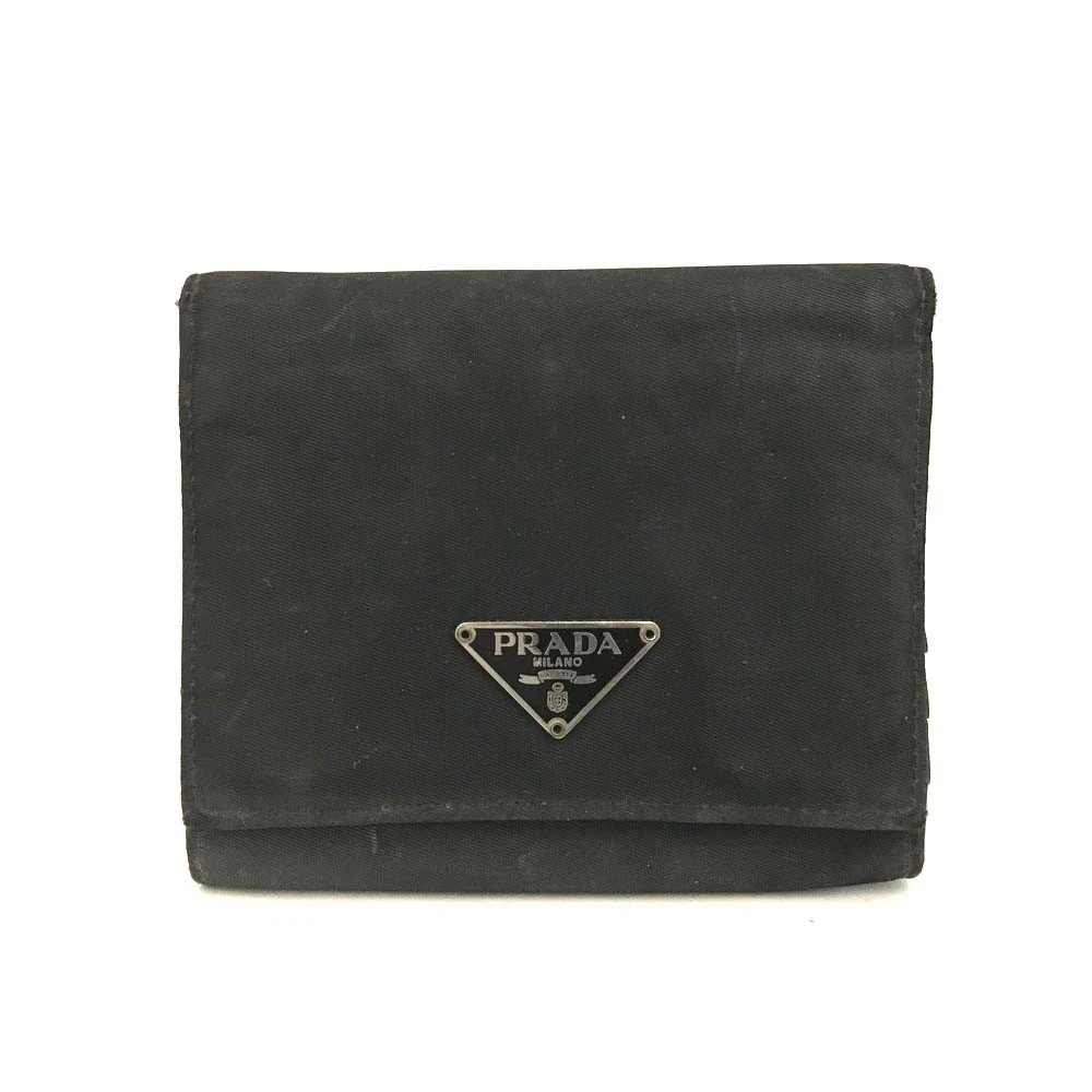 PRADA Logo Plate Nylon Trifold Wallet Black