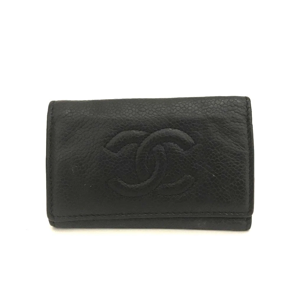 CHANEL CC Logo Grained Calf Skin 6 Ring Key Case Black 448055