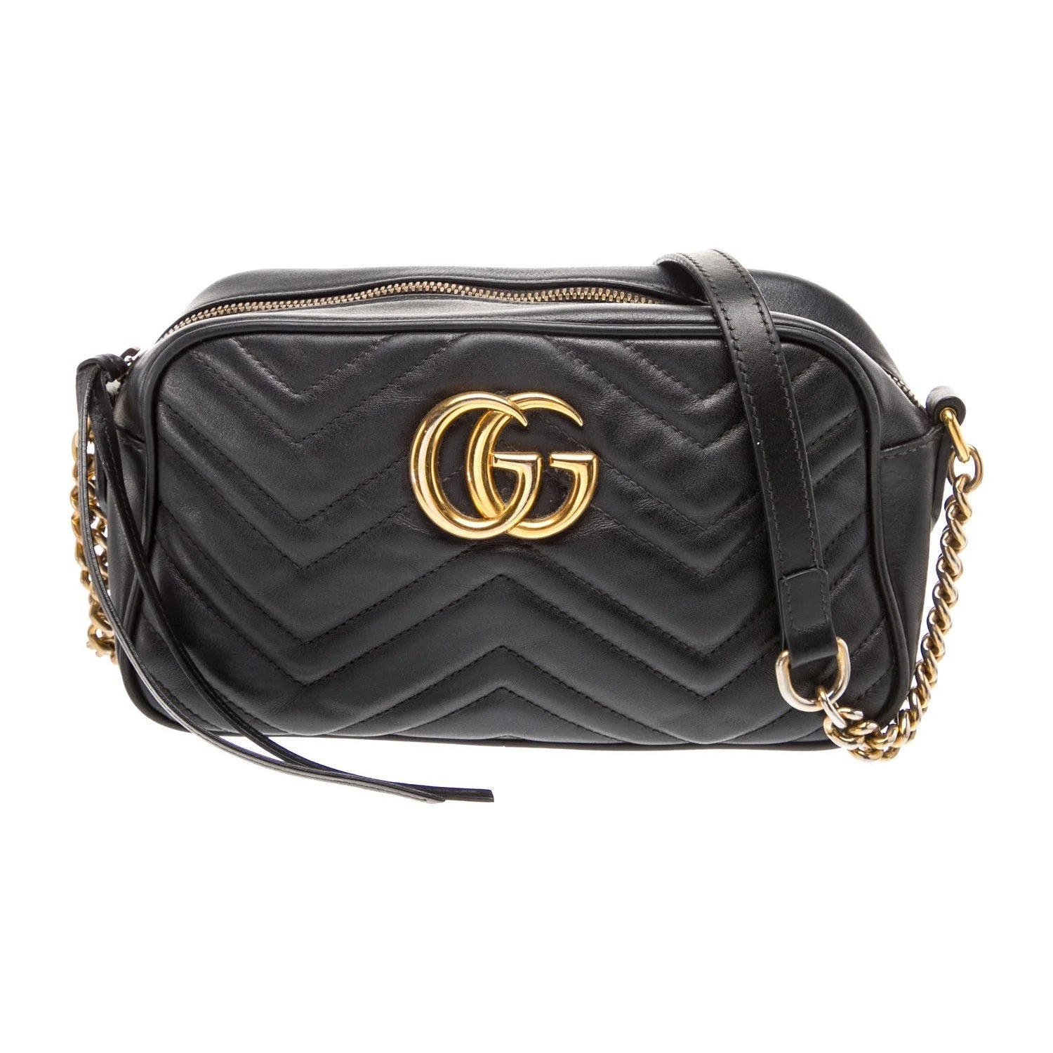 $1950 Gucci Calfskin Matelasse Small GG Marmont Chain Shoulder Bag Black