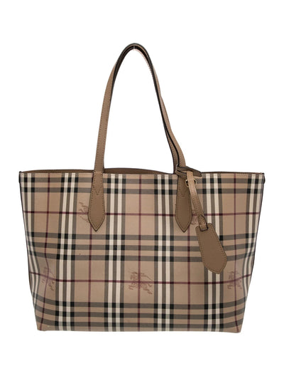 $995 Burberry Grainy Calfskin Haymarket Check Medium Reversible Tote