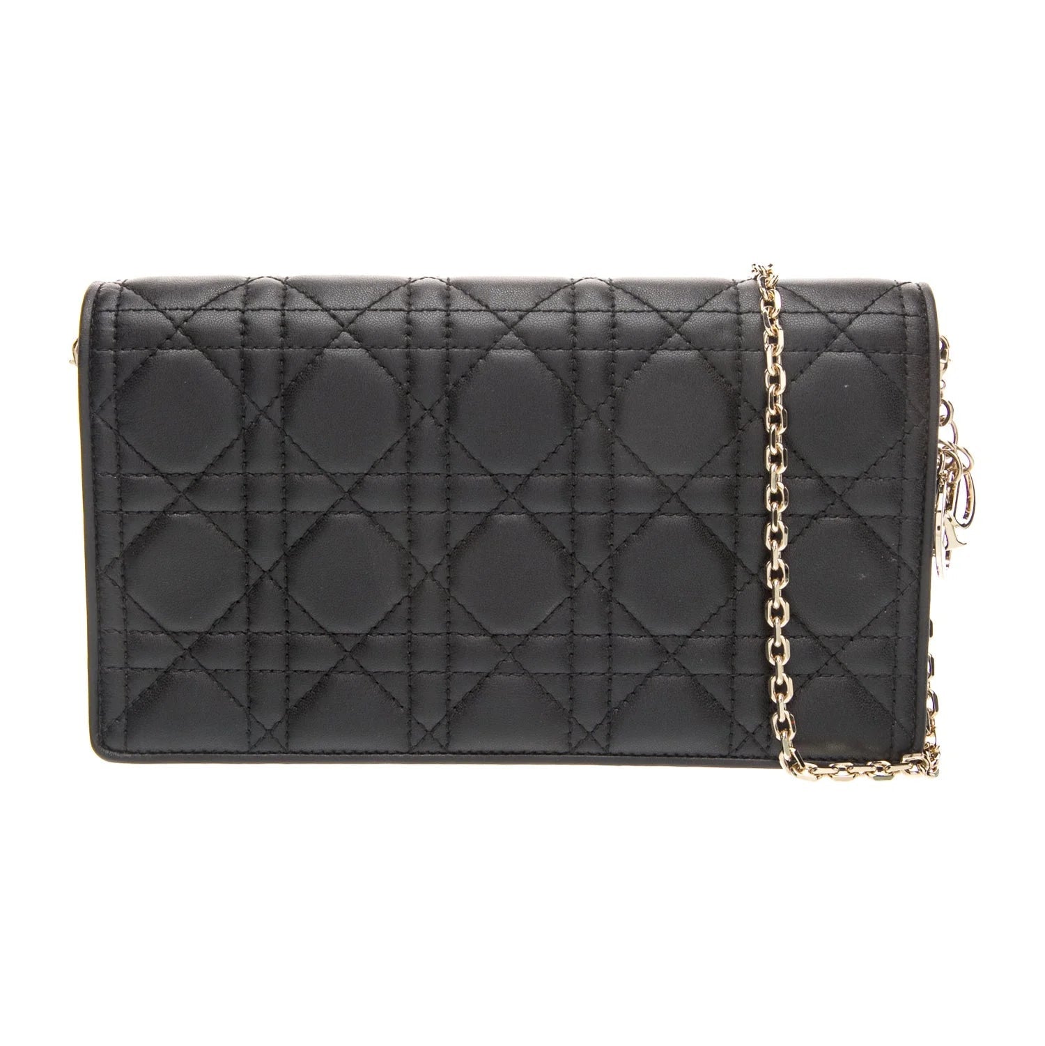 $2500 Christian Dior Lambskin Cannage Lady Dior Chain Wallet Black