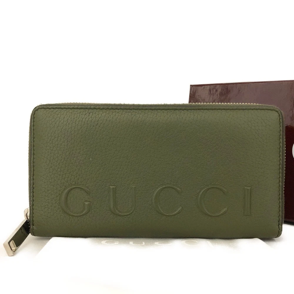 $830 GUCCI Logo Leather Zip Around Long Wallet Green LOGO