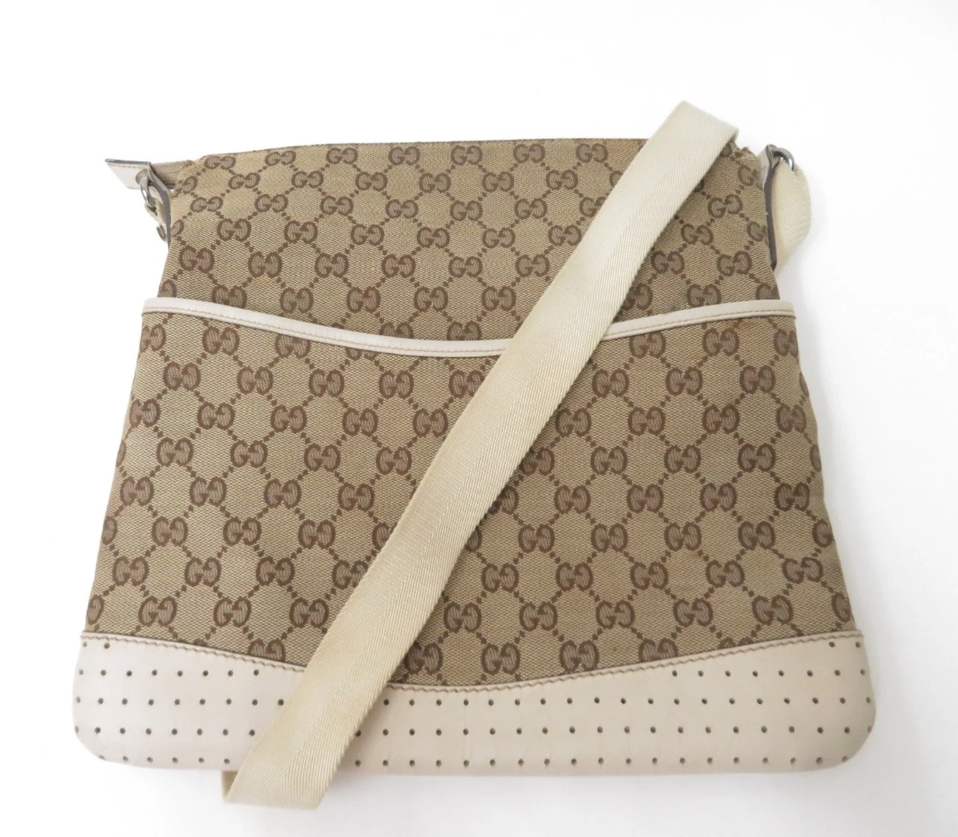 $1150 Gucci Perforated GG Leather Crossbody Messenger Bag
