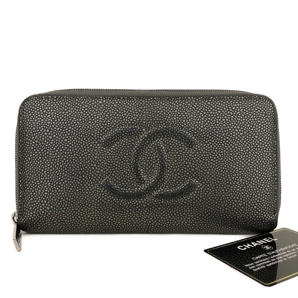 $1375 2014 CHANEL CC Logo Timeless Caviar Zip Around Long Wallet Metallic Silver